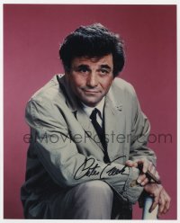 9y807 PETER FALK signed color 8x10 REPRO still 1990s portrait holding cigar as rumpled Lt. Columbo!