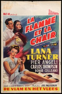 9z672 FLAME & THE FLESH Belgian 1955 art of sexy brunette bad girl Lana Turner, plus Pier Angeli!