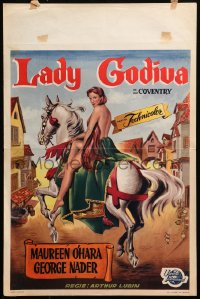 9z701 LADY GODIVA Belgian 1955 artwork of super sexy naked Maureen O'Hara on horseback!