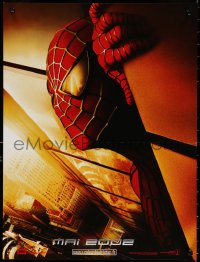 9z843 SPIDER-MAN teaser French 16x21 2002 close-up of Maguire w/WTC towers in eyes, Marvel!
