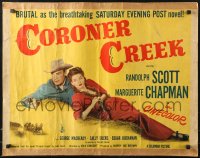 9z329 CORONER CREEK 1/2sh 1948 cowboy Randolph Scott with sexy Marguerite Chapman holding guns!
