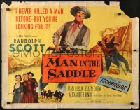 9z411 MAN IN THE SADDLE 1/2sh 1951 cowboy Randolph Scott in western action, black title!