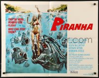 9z446 PIRANHA int'l 1/2sh 1978 Roger Corman, Larkin art of man-eating fish attacking sexy girl!