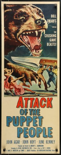 9z013 ATTACK OF THE PUPPET PEOPLE insert 1958 AIP, art of tiny people w/steak knife attacking dog!