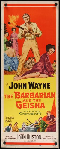 9z015 BARBARIAN & THE GEISHA insert 1958 John Huston, art of John Wayne with torch & Eiko Ando!