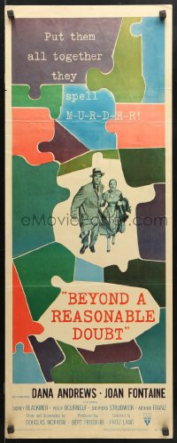 9z022 BEYOND A REASONABLE DOUBT insert 1956 Fritz Lang noir, art of Dana Andrews & Joan Fontaine!