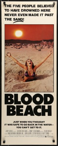 9z029 BLOOD BEACH insert 1981 Jaws parody tagline, image of sexy girl in bikini sinking in sand!