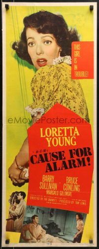 9z050 CAUSE FOR ALARM insert 1950 great huge close up image Loretta Young, and she is in trouble!