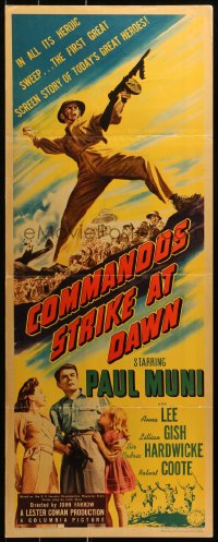 9z060 COMMANDOS STRIKE AT DAWN insert 1942 great art of WWII soldier Paul Muni with tommy gun!