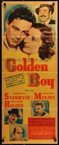 9z109 GOLDEN BOY insert 1939 William Holden's debut movie, boxing classic, Barbara Stanwyck, rare!
