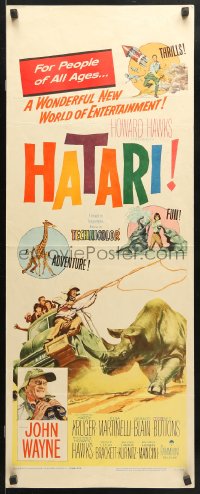 9z113 HATARI insert 1962 Howard Hawks, artwork of John Wayne rounding up rhino in Africa!
