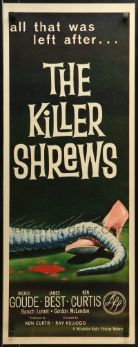 9z137 KILLER SHREWS insert 1959 classic horror art of all that was left after the monster attack!