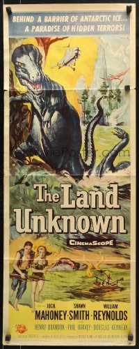 9z141 LAND UNKNOWN insert 1957 a paradise of hidden terrors, great art of dinosaurs!