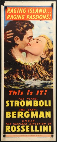 9z235 STROMBOLI insert 1950 Ingrid Bergman, directed by Roberto Rossellini, cool volcano art!