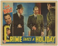 1a379 CRIME TAKES A HOLIDAY LC 1938 smiling Jack Holt hold gun on bad guy in office!