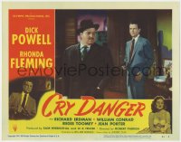 1a382 CRY DANGER LC #4 1951 close up of Dick Powell holding gun on dapper William Conrad's back!