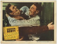 1a614 LAWLESS STREET LC 1955 great close up of cowboy Randolph Scott fighting with Don Megowan!