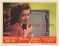 1a901 THELMA JORDON LC 1950 super close up of scared Barbara Stanwyck opening safe!