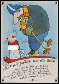 1b071 YOU TAKE THE KIDS East German 23x32 1983 wild art of baby and man skiing by Bofinger!