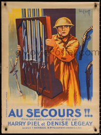 1b679 AU SECOURS French 24x32 1925 art of soldier Harry Piel carrying gun rack by Gaillant!