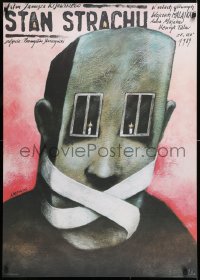 1b259 STATE OF FEAR Polish 26x37 1989 wild Andrzej Pagowski art of gagged man with windows for eyes!
