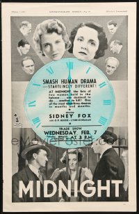 1b374 MIDNIGHT English trade ad 1934 Sidney Fox & cast but early Humphrey Bogart not pictured!