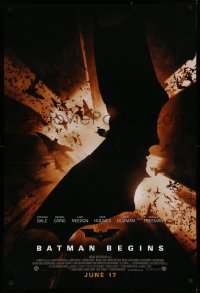 1c512 BATMAN BEGINS advance DS 1sh 2005 June 17, image of Christian Bale in title role flying w/bats!