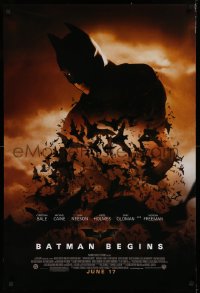 1c511 BATMAN BEGINS advance 1sh 2005 June 17, image of Christian Bale's head and cowl over bats!