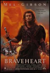 1c535 BRAVEHEART advance 1sh 1995 cool image of Mel Gibson as William Wallace!