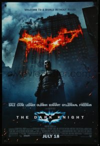 1c573 DARK KNIGHT int'l advance DS 1sh 2008 Christian Bale as Batman in front of burning bat symbol!