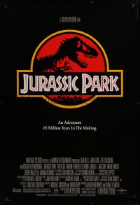 1c707 JURASSIC PARK DS 1sh 1993 Steven Spielberg, classic logo with T-Rex over red background