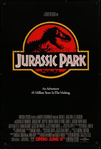 1c706 JURASSIC PARK advance DS 1sh 1993 Steven Spielberg, classic logo with T-Rex over red background