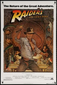 1c831 RAIDERS OF THE LOST ARK 1sh R1982 great Richard Amsel art of adventurer Harrison Ford!