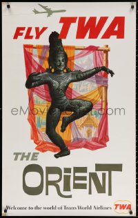 1c086 TWA THE ORIENT 25x40 travel poster 1960s cool Asian statue artwork by David Klein!