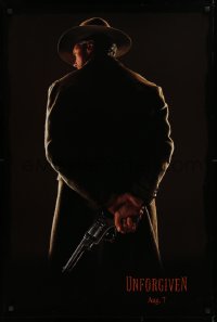 1c968 UNFORGIVEN teaser DS 1sh 1992 image of gunslinger Clint Eastwood w/back turned, dated design!