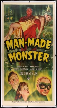 1d012 MAN MADE MONSTER linen 3sh 1941 pre-Wolf Man Lon Chaney Jr. holding Nagel, Universal, rare!