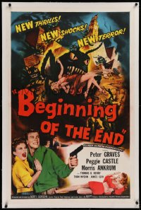 1d055 BEGINNING OF THE END linen 1sh 1957 Peter Graves & Peggie Castle, giant grasshopper sci-fi!