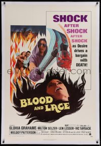 1d057 BLOOD & LACE linen 1sh 1971 AIP, gruesome horror image of wacky cultist w/bloody hammer!