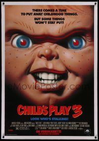 1d017 CHILD'S PLAY 3 linen 27x40 video poster 1991 creepy super close image of killer doll Chucky!