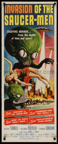 1d035 INVASION OF THE SAUCER MEN linen insert 1957 Kallis art of cabbage head aliens & sexy girl!