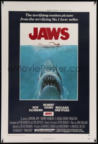 1d087 JAWS linen 1sh 1975 Roger Kastel art of Spielberg's man-eating shark attacking sexy swimmer!