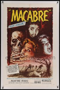 1d093 MACABRE linen 1sh 1958 William Castle, Besser art of skeleton & screaming girls in graveyard!