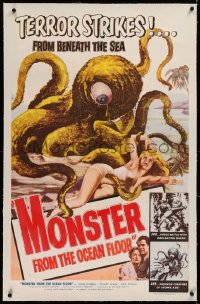 1d095 MONSTER FROM THE OCEAN FLOOR linen 1sh 1954 cool art of the octopus beast attacking sexy girl!