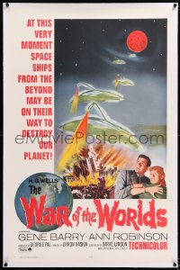 1d127 WAR OF THE WORLDS linen 1sh R1965 H.G. Wells & George Pal, great different art, very rare!