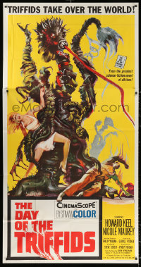 1f001 DAY OF THE TRIFFIDS 3sh 1962 classic English sci-fi horror, art of plant monster with girl!