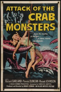 1f062 ATTACK OF THE CRAB MONSTERS 1sh 1957 Roger Corman, art of sexy girl attacked by beast!