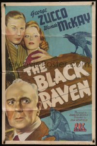 1f069 BLACK RAVEN 1sh 1943 art of George Zucco, Wanda McKay & Robert Livingston + bird on sign!
