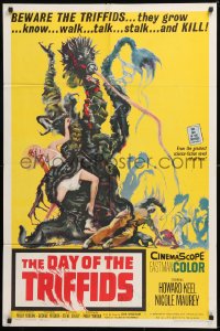 1f085 DAY OF THE TRIFFIDS 1sh 1962 classic English sci-fi horror, cool art of monster with girl!