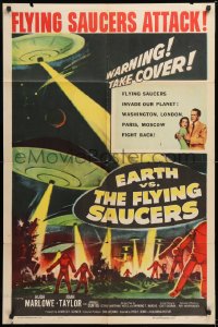1f090 EARTH VS. THE FLYING SAUCERS 1sh 1956 Ray Harryhausen classic, cool art of UFOs & aliens!