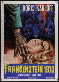 1f038 FRANKENSTEIN 1970 Italian 1p R1970 Karloff, different art of monster hand attacking woman!
